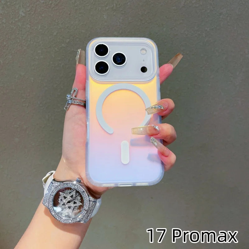 Iphone 17 pro max with a colour changing sunset-sky case with magsafe held in hand