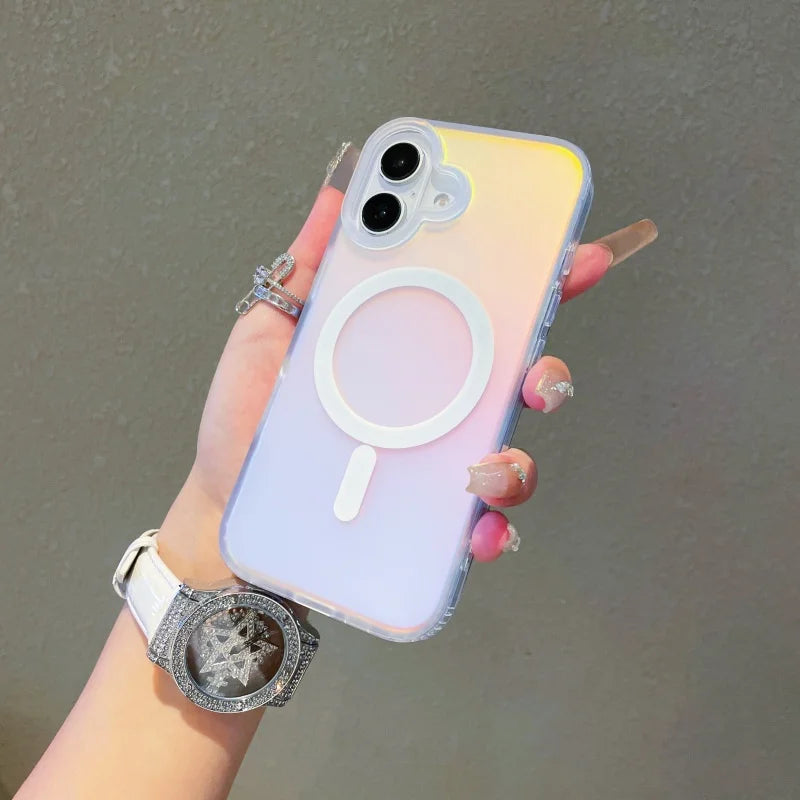 Iphone 17 with a colour changing sunset-sky case with magsafe held in hand (side view)