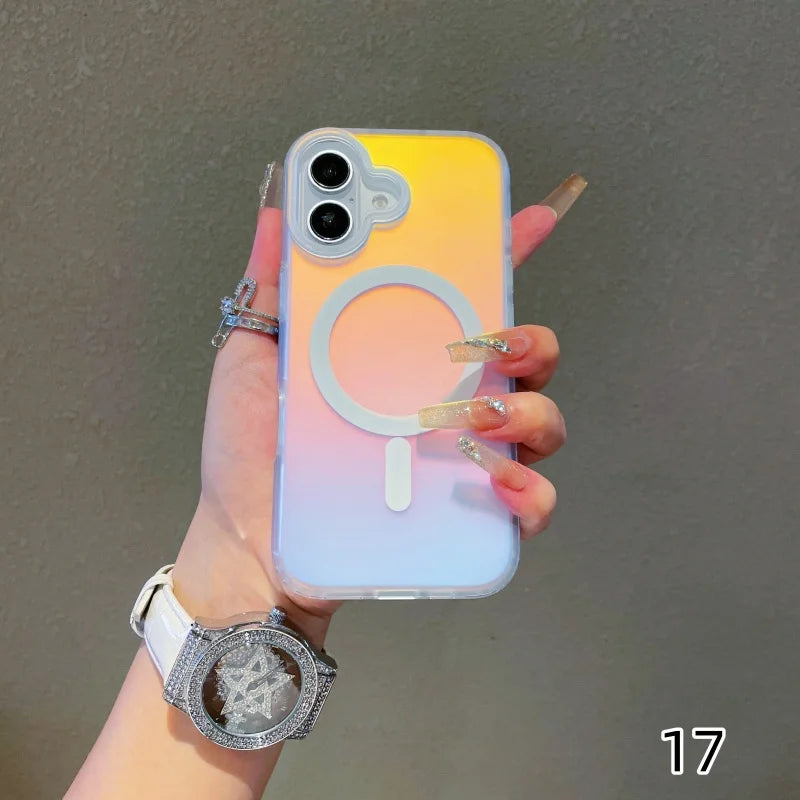 Iphone 17 with colour changing sunset-sky case with magsafe held in hand