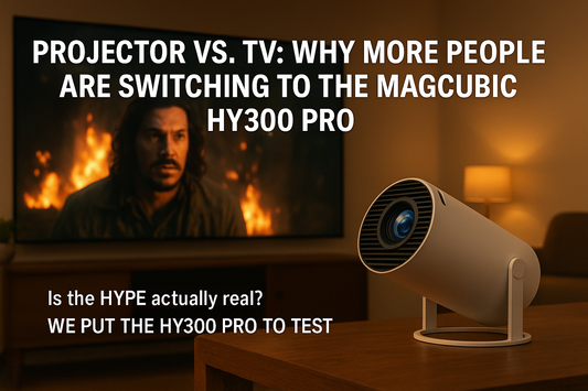 The Magcubic HY-300 Pro projector displaying a movie scene in a dark home theater setup, highlighting its sharp visuals and compact design.