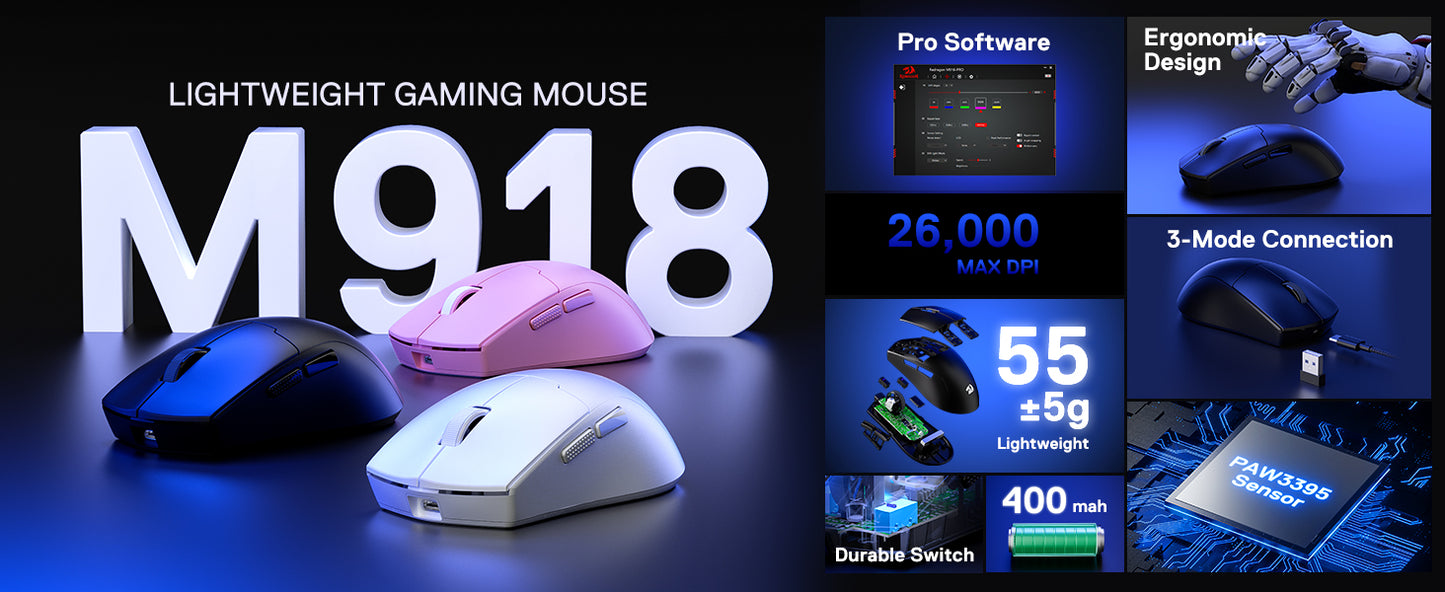 Redragon M918 PRO Wireless Gaming Mouse – Ultra-Light 49g, 26K DPI, RGB, 3-Mode Connectivity