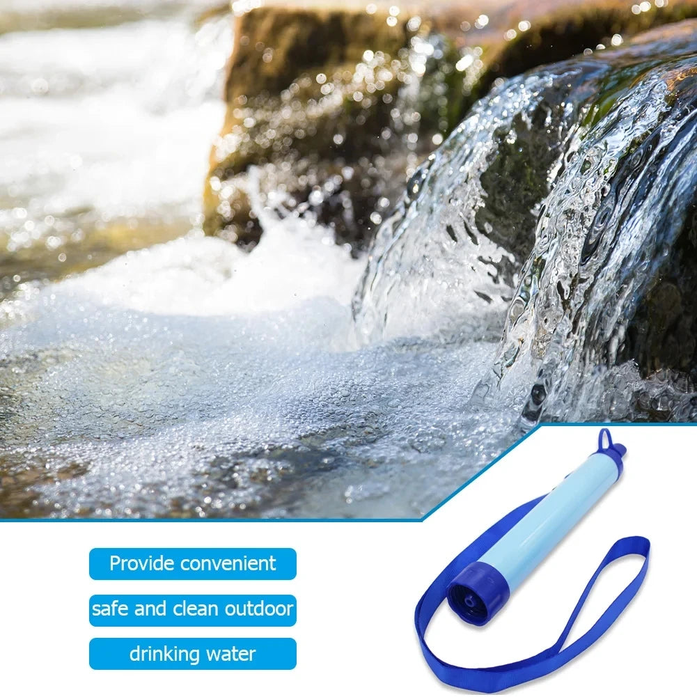 Blue water filter pen with text overlay on a background of flowing water.