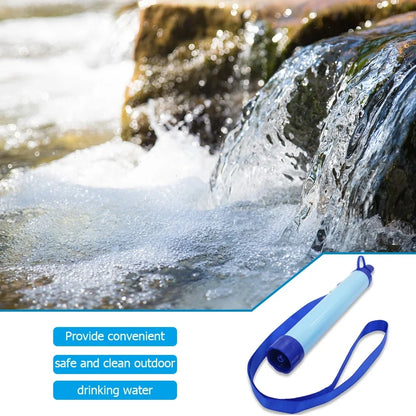Blue water filter pen with text overlay on a background of flowing water.