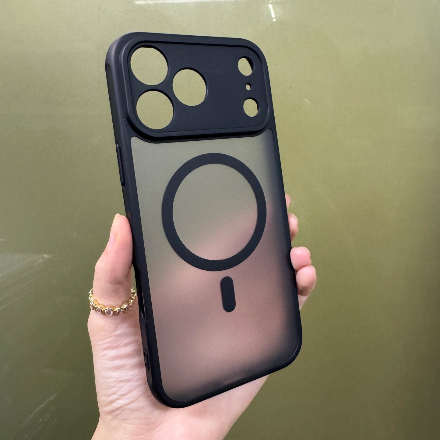 Iphone 17 pro/ Pro max Matte black translucent case with Magsafe Back view in upright Position