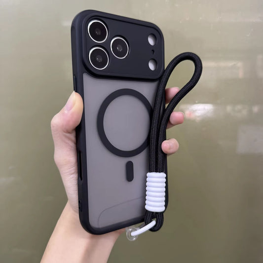 IPhone 17 case with a strap held by a hand against a neutral background