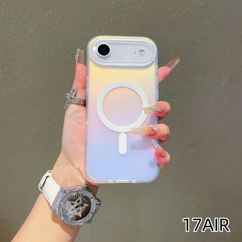 Iphone 17 air with a colour changing sunset-sky case with magsafe held in hand