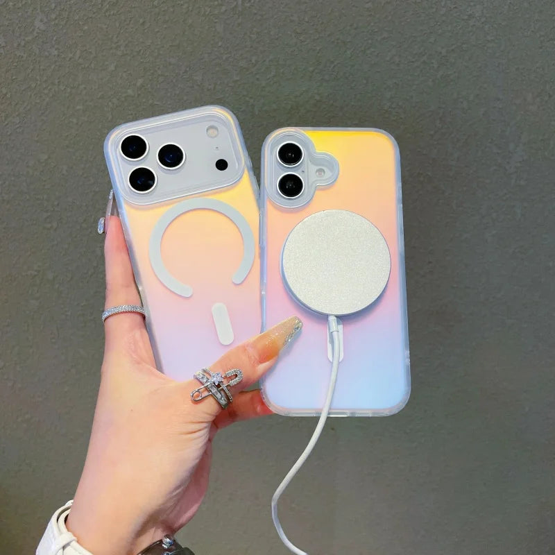 Iphone 17 pro max and 17 with colour changing sunset-sky cases on being charged wirelessly through magsafe