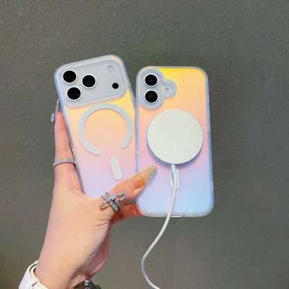Iphone 17 pro max and 17 with colour changing sunset-sky cases on being charged wirelessly through magsafe