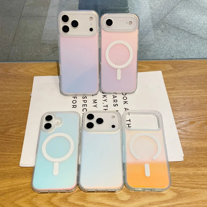 Iphone 17 pro max, 17 pro, 17, 17 air with colour changing sunset-sky cases on with and without magsafe side by side lying on a table