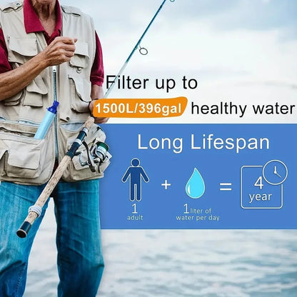 Person holding a water filter with text about water quantity and lifespan.