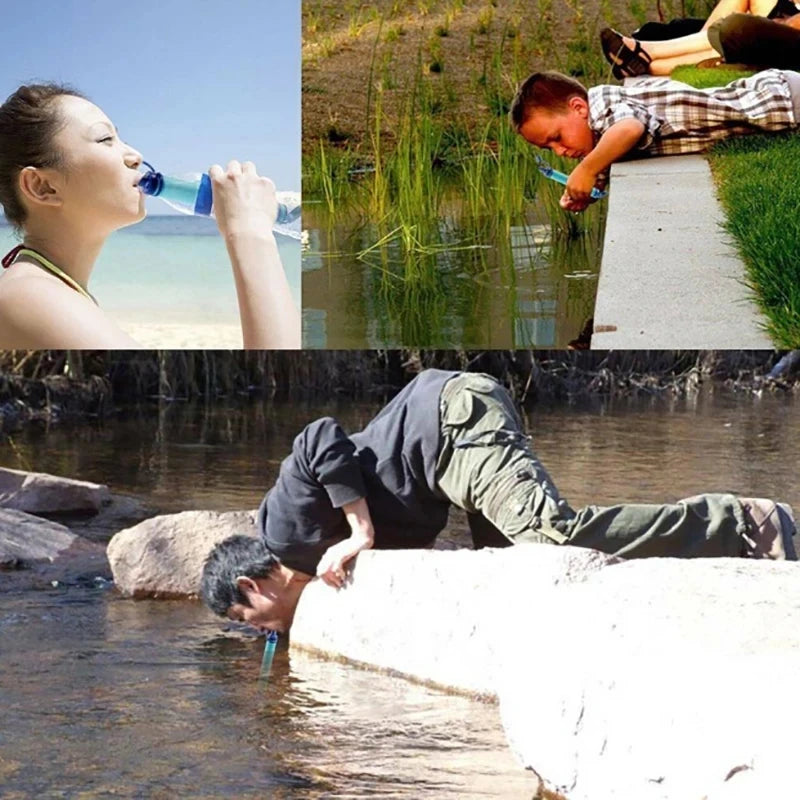 Collage of three images showing people drinking water from bottles by a lake.