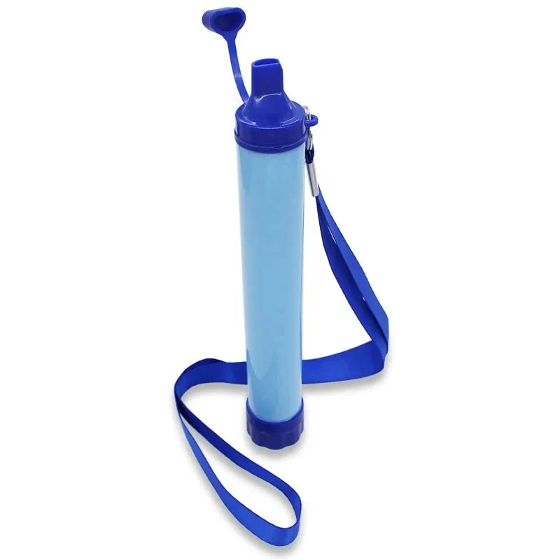 Blue water filter with a strap on a white background