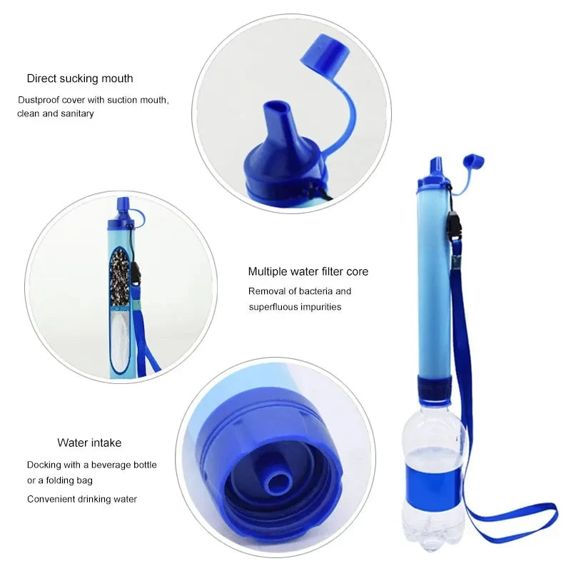 Blue water filter bottle with various features highlighted on a white background