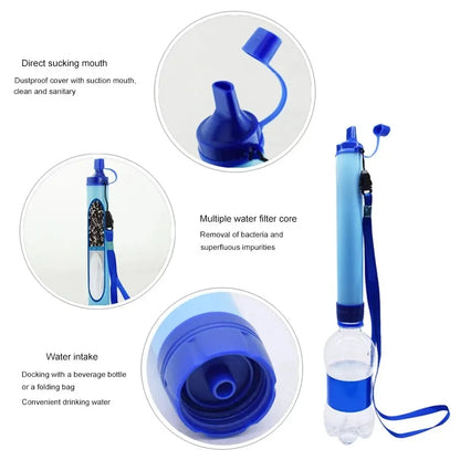Blue water filter bottle with various features highlighted on a white background