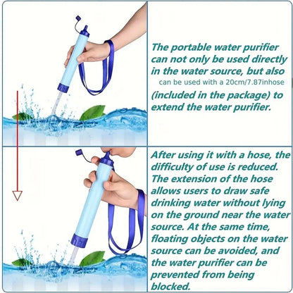 Portable water purifier with text explaining its use and features