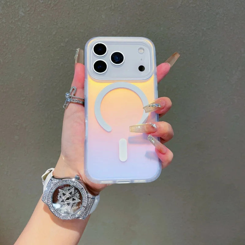 Iphone 17 pro max with a colour changing sunset-sky case with magsafe held in hand