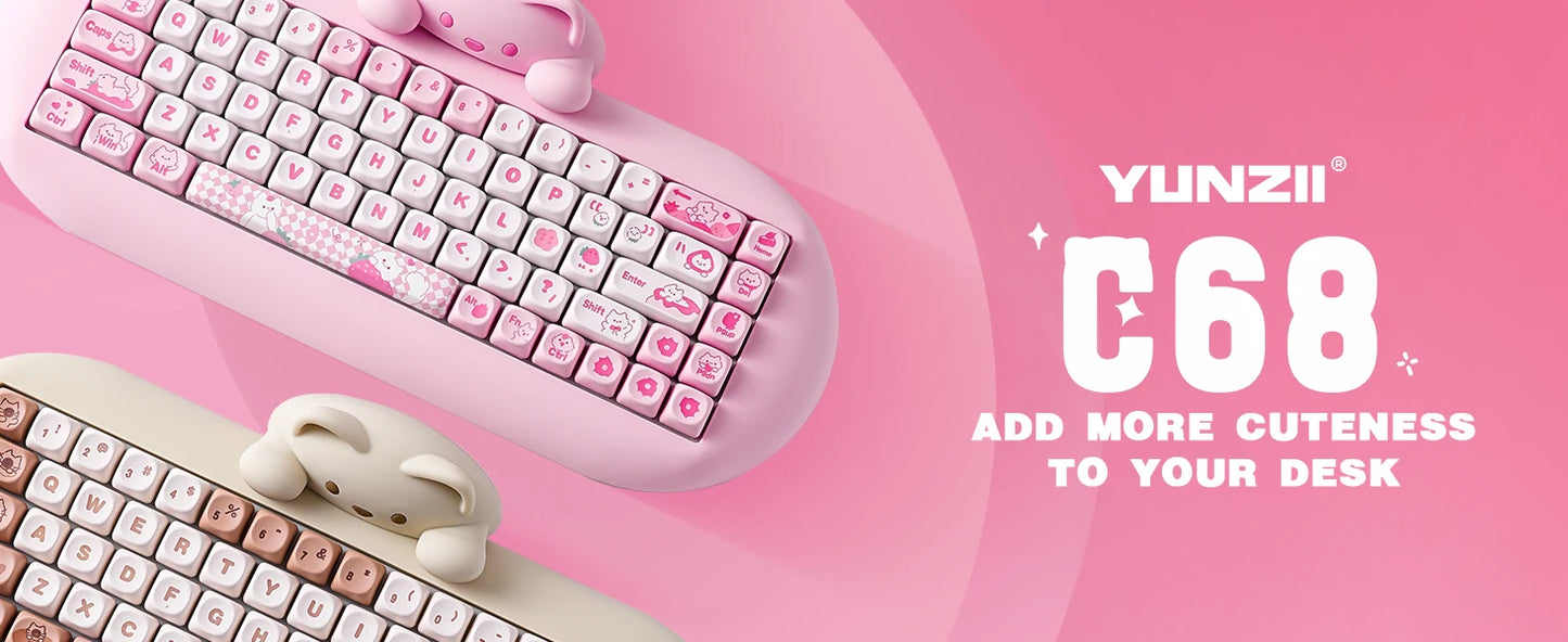 YUNZII C68 Hi-Fi Wireless Gaming Keyboard – 65% Custom RGB Mechanical Keyboard, Hot-Swappable, Ergonomic, Cute Cat Design