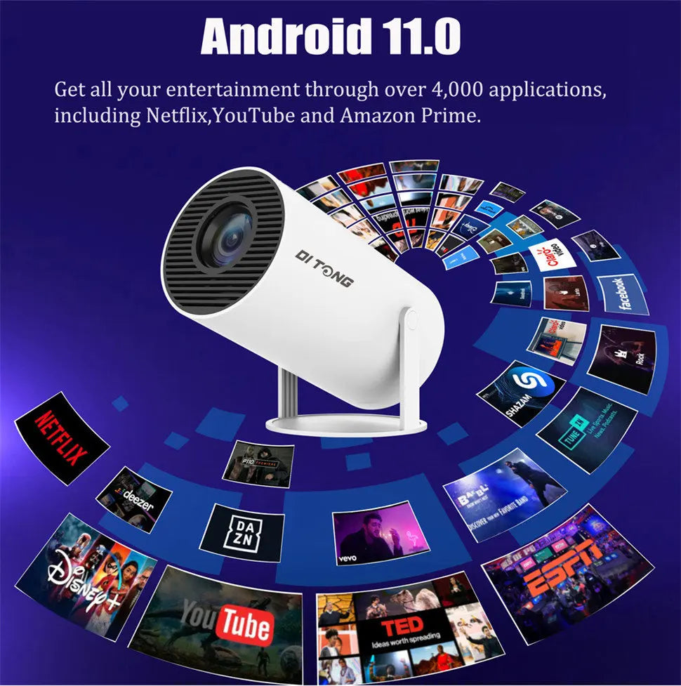 DITONG HY300 Plus HD Projector | 4K Decoding, Android 11, WiFi 6, 300 ANSI, Auto Focus