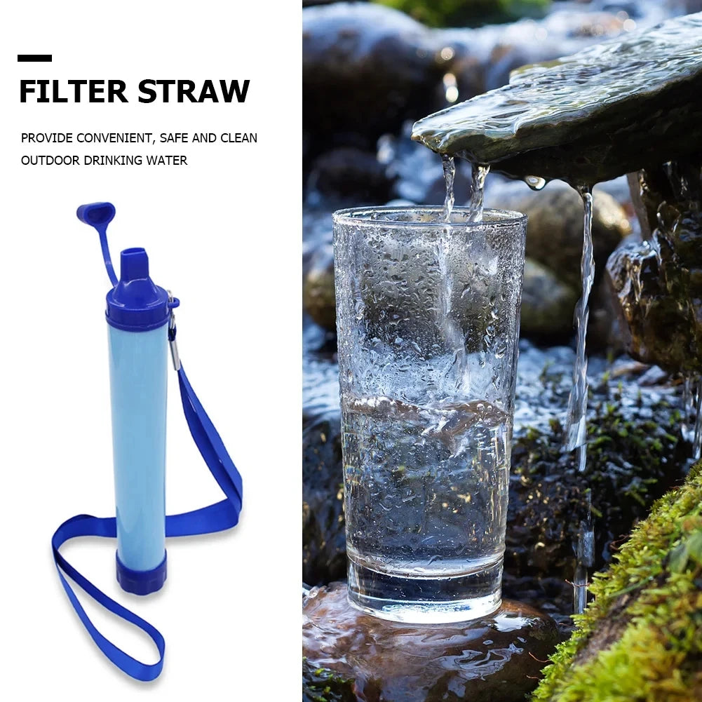 Filter straw with blue handle and strap, shown with water being poured into a glass from a natural source.