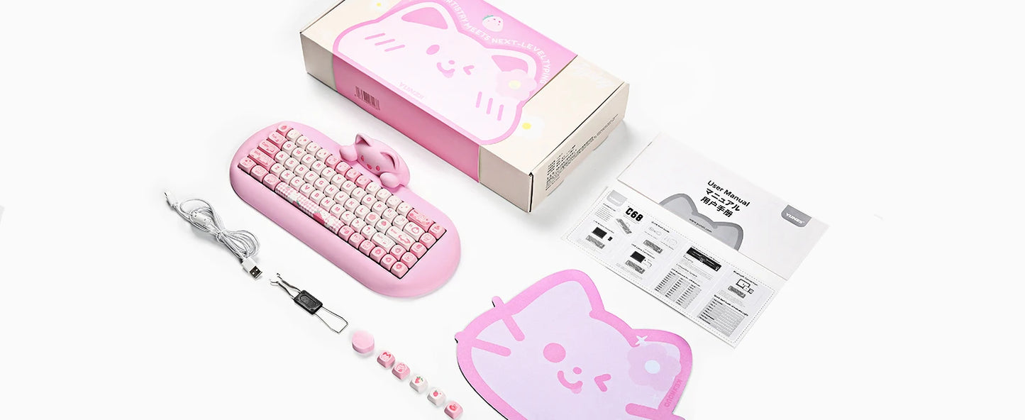 YUNZII C68 Hi-Fi Wireless Gaming Keyboard – 65% Custom RGB Mechanical Keyboard, Hot-Swappable, Ergonomic, Cute Cat Design