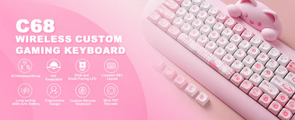 YUNZII C68 Hi-Fi Wireless Gaming Keyboard – 65% Custom RGB Mechanical Keyboard, Hot-Swappable, Ergonomic, Cute Cat Design