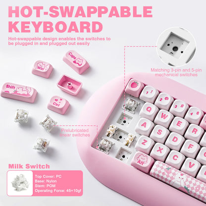 YUNZII C68 Hi-Fi Wireless Gaming Keyboard – 65% Custom RGB Mechanical Keyboard, Hot-Swappable, Ergonomic, Cute Cat Design