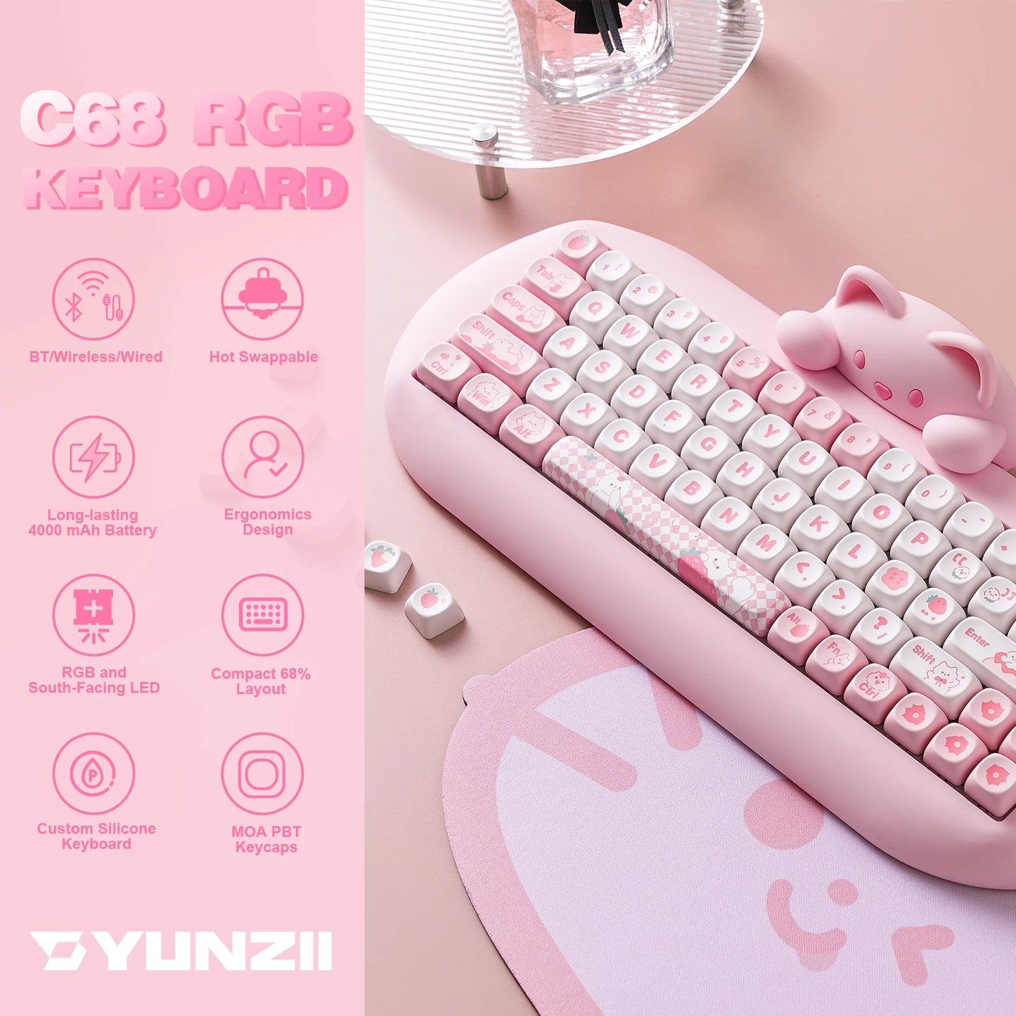 YUNZII C68 Hi-Fi Wireless Gaming Keyboard – 65% Custom RGB Mechanical Keyboard, Hot-Swappable, Ergonomic, Cute Cat Design