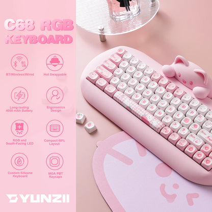 YUNZII C68 Hi-Fi Wireless Gaming Keyboard – 65% Custom RGB Mechanical Keyboard, Hot-Swappable, Ergonomic, Cute Cat Design