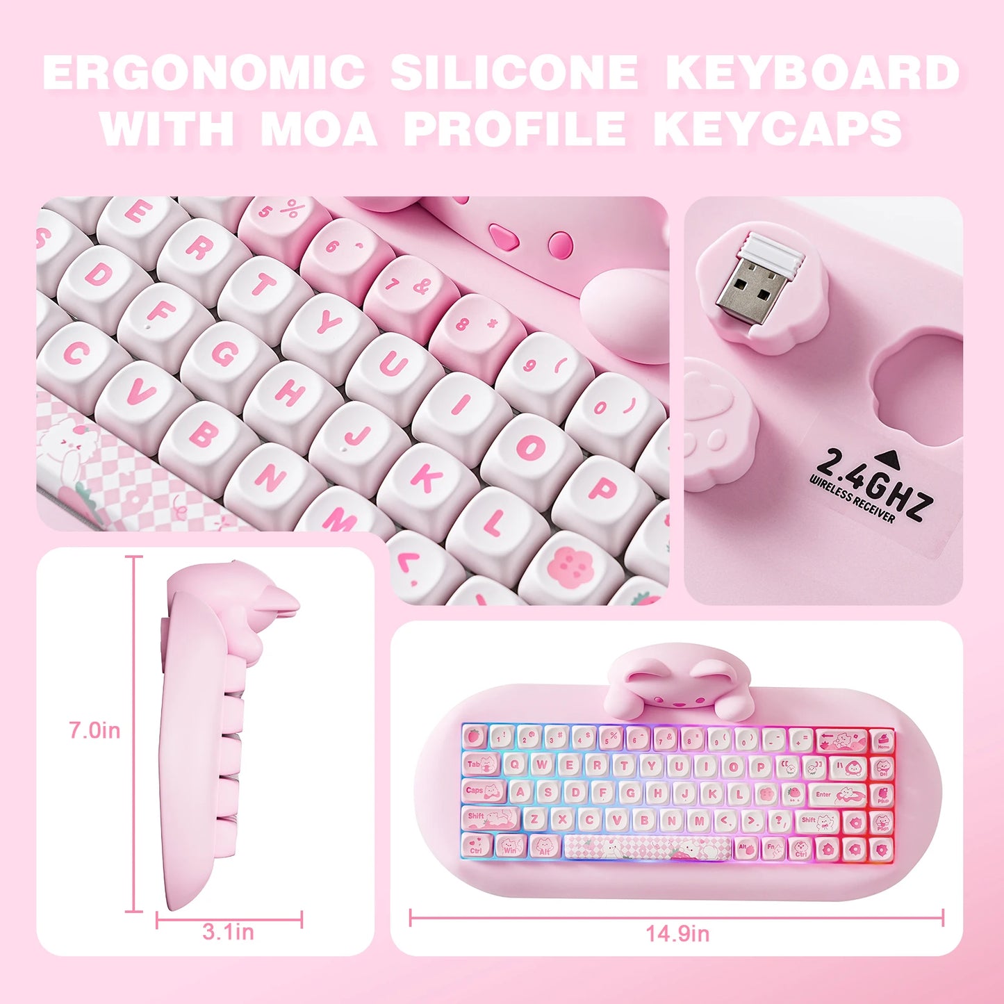 YUNZII C68 Hi-Fi Wireless Gaming Keyboard – 65% Custom RGB Mechanical Keyboard, Hot-Swappable, Ergonomic, Cute Cat Design