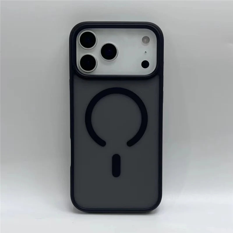 Iphone 17 Pro max in a matte black case with magsafe in a white background