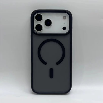 Iphone 17 Pro max in a matte black case with magsafe in a white background